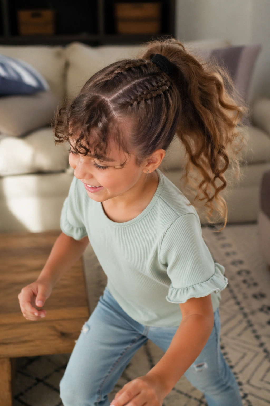 Candid motion shot of accent braid with curly bangs