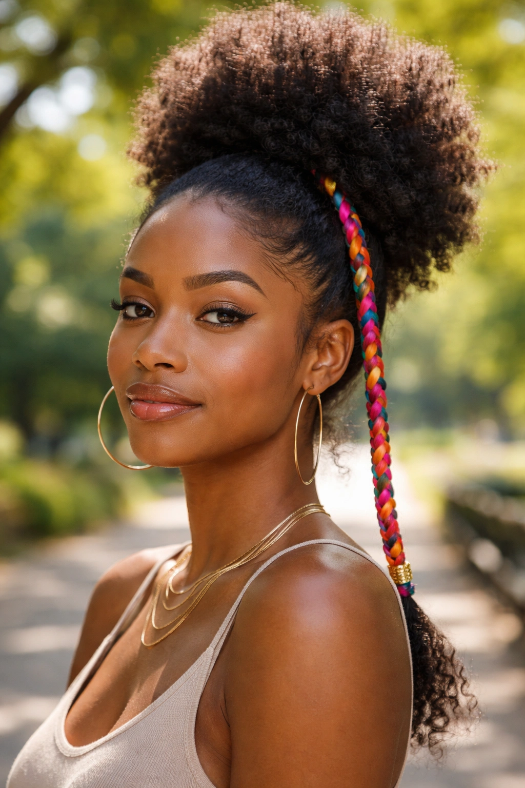 Real woman with an Afro puff and a colorful accent braid on one side