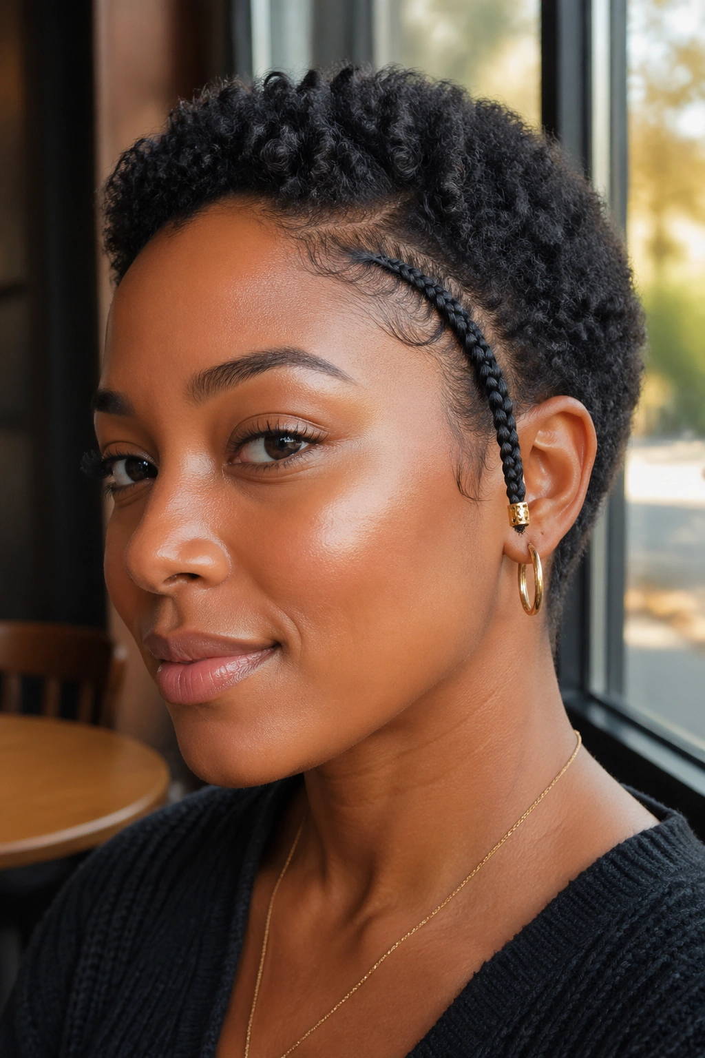 Portrait of a real woman with a single temple braid and gold cuff
