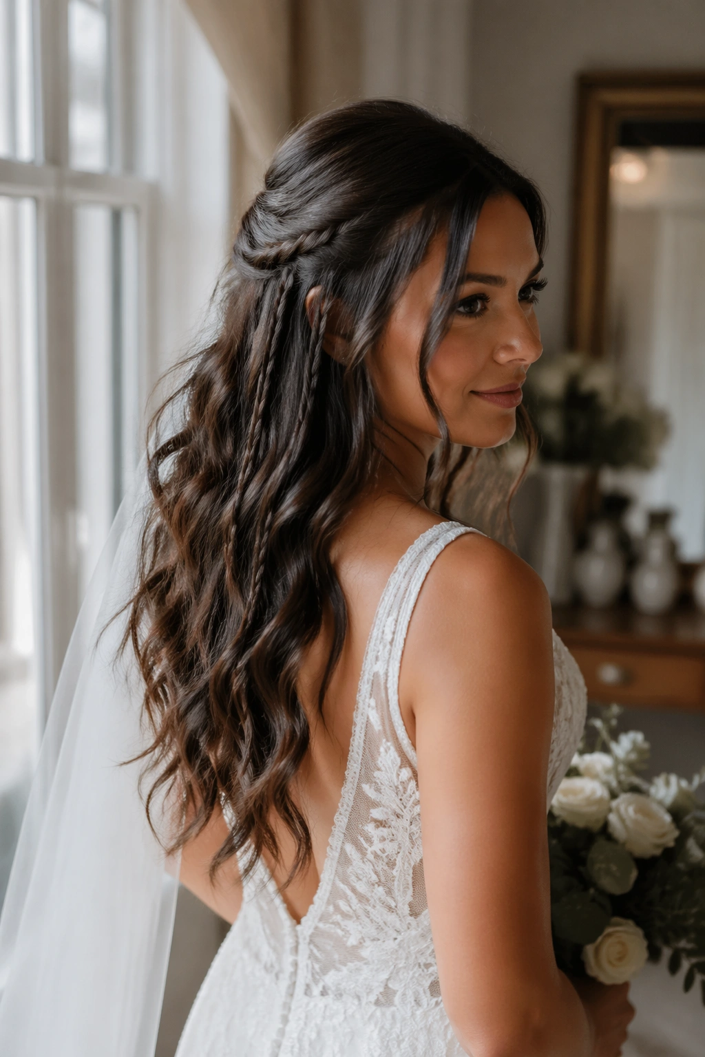 Hero shot of brunette with hidden mini accent braids.