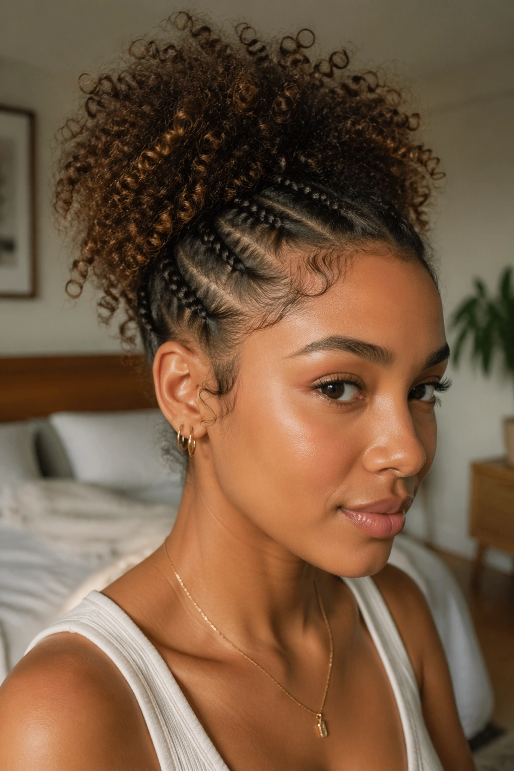 Close-up of curly puff with tiny accent braids