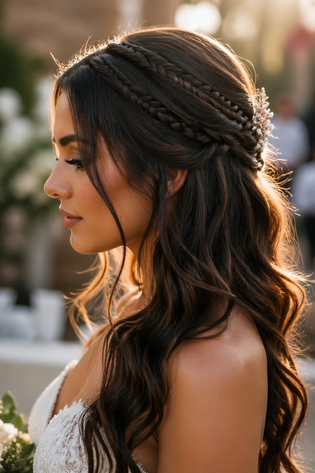 Small accent braids in glam waves on real bride