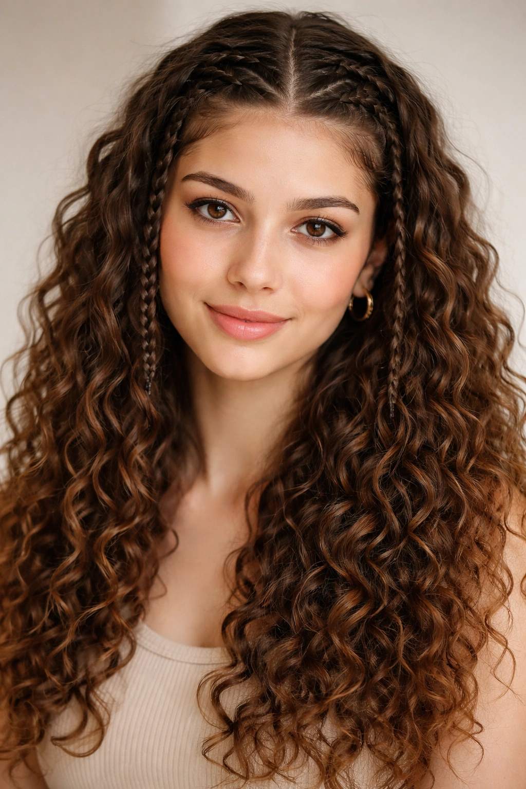 Close-up of long curly hair with two small accent braids at the hairline, curls loose