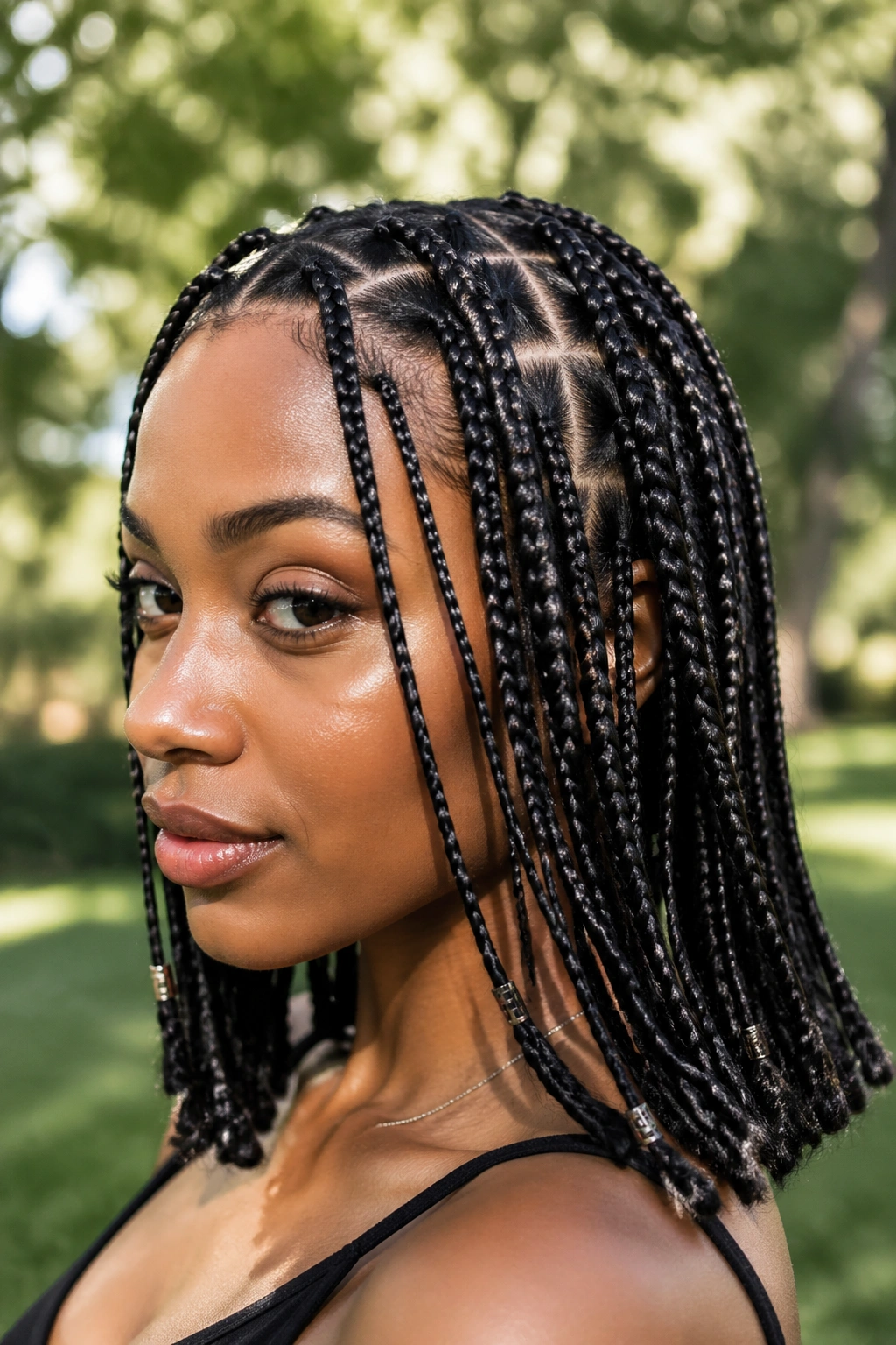 Close-up of knotless box braids with thin accent braids among medium squares on a real person in a park.