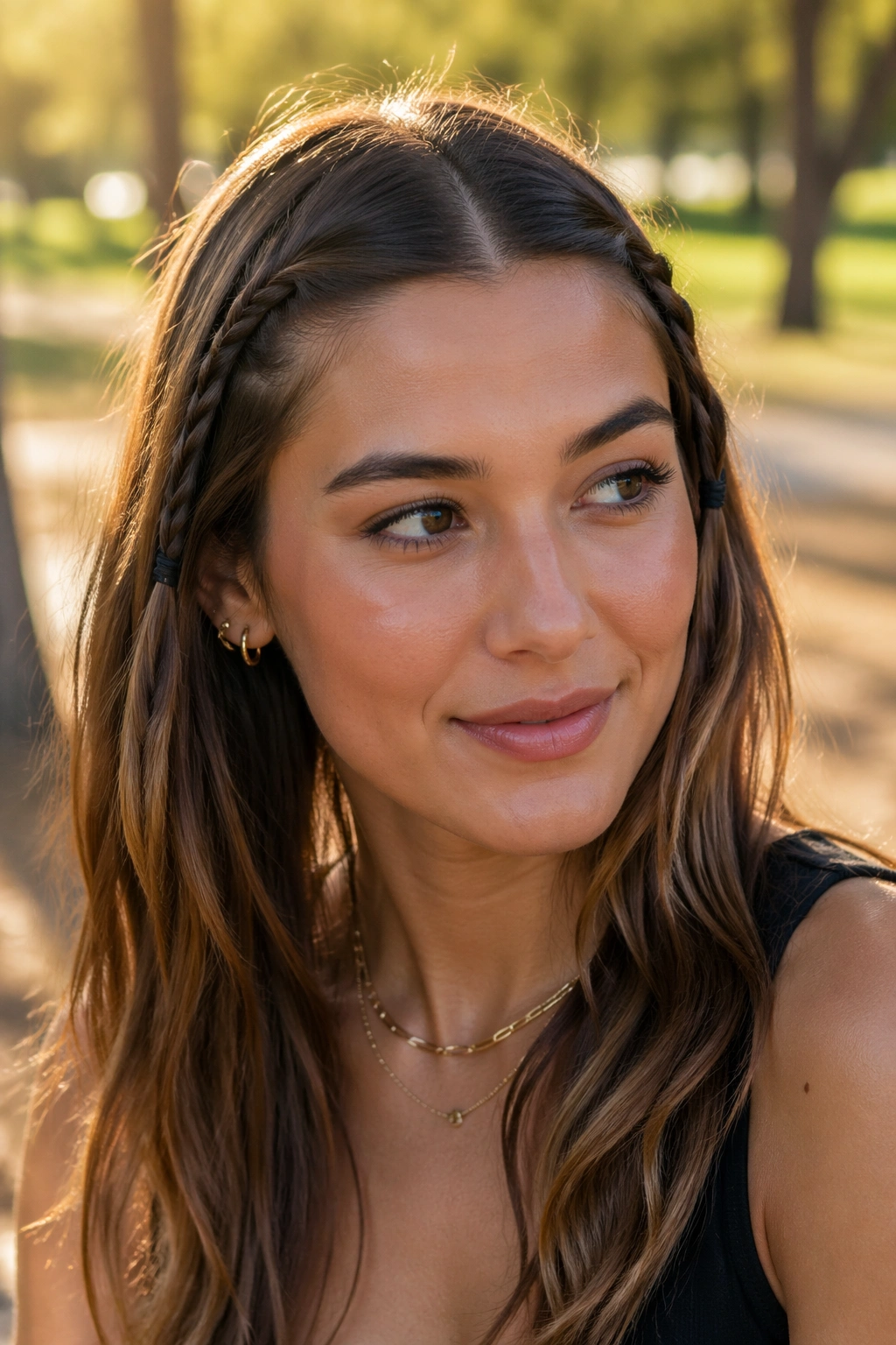 Close-up of a real woman's head with two tiny temple braids and loose hair