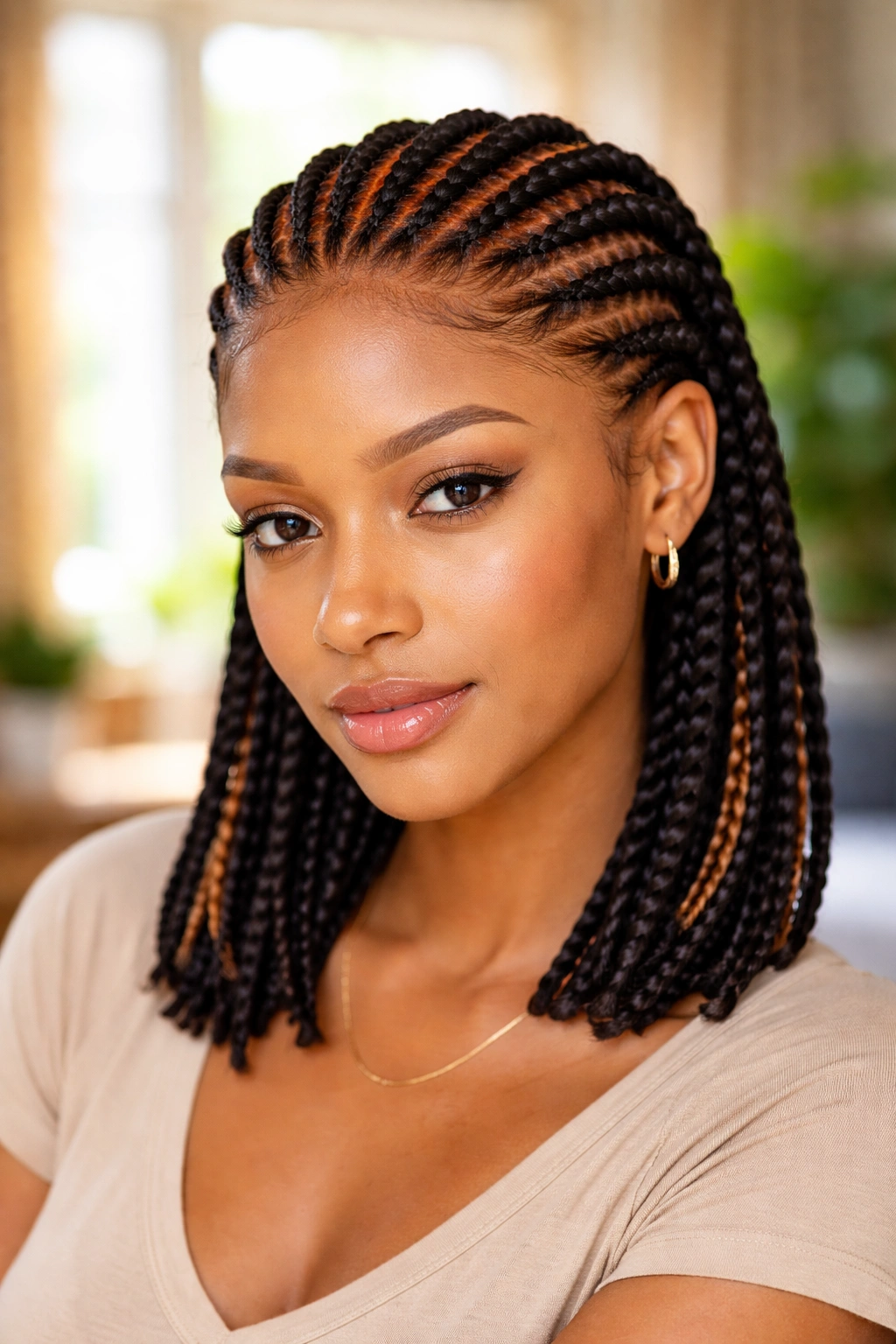 Real woman with cornrows showing accent color at the roots