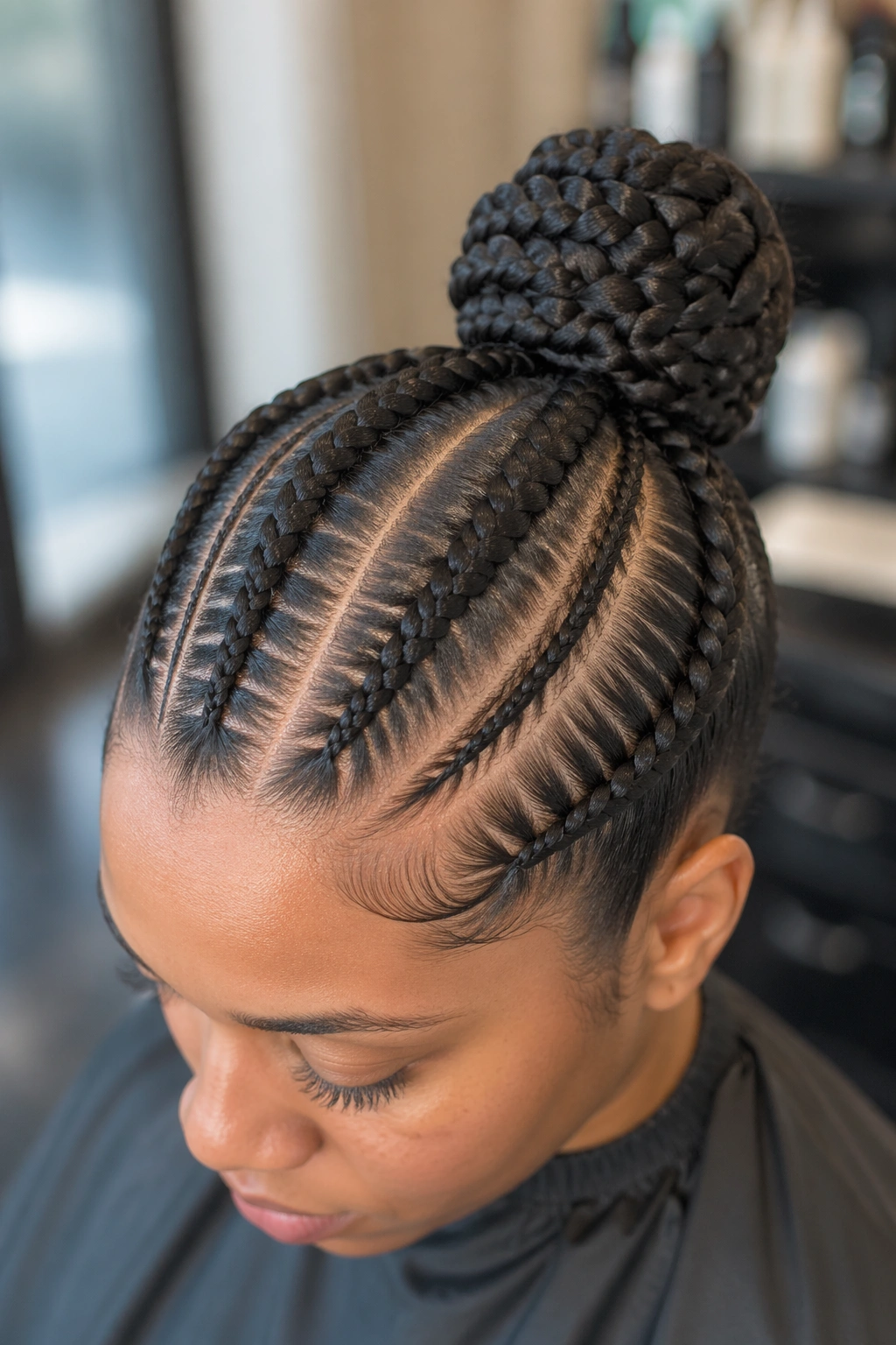 Close-up of a real woman with main braids and accent cornrows at the hairline