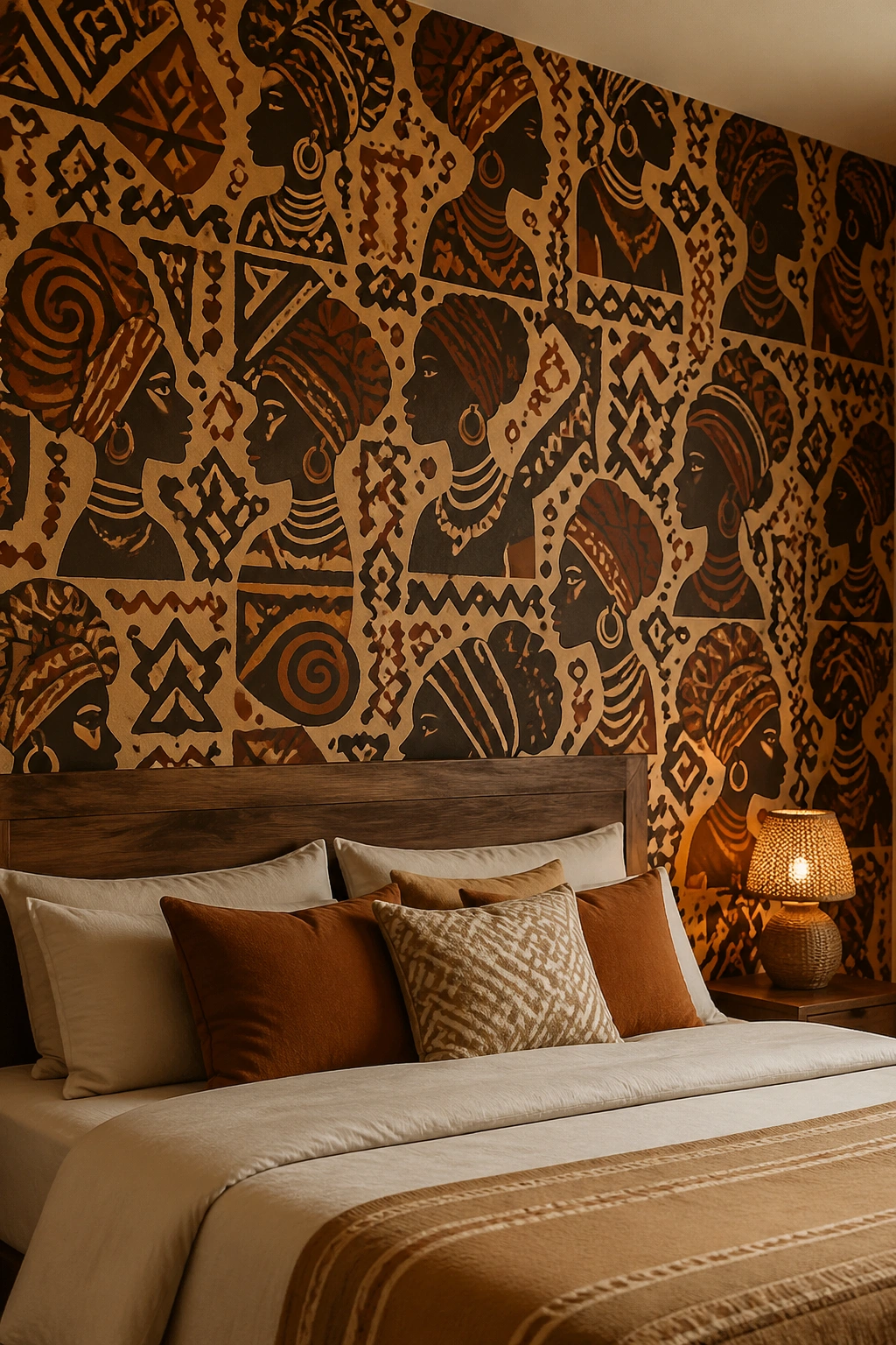 Accent wall with bold printed wallpaper in a bedroom
