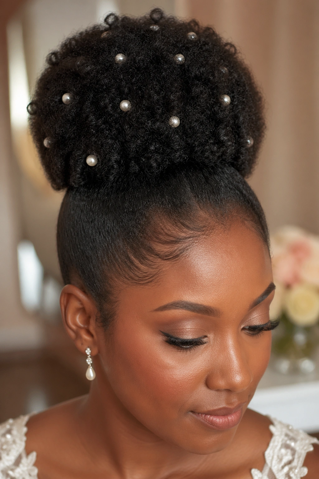 Close-up of a real woman with an accented puff and pearls at the crown