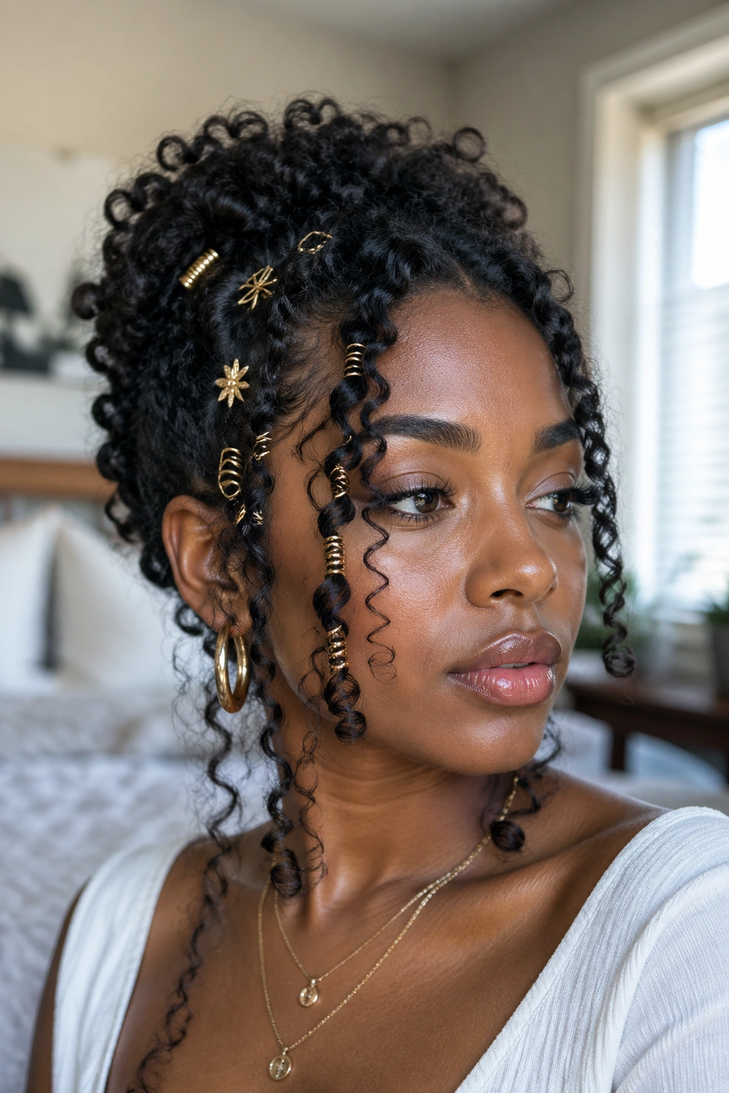 Face-framing curls with jewelry-grade hair accessories on a real person