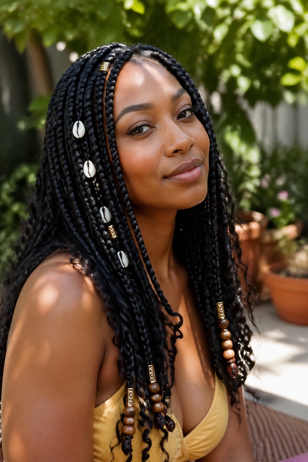 Close-up of accessorized goddess box braids with minimal cuffs and beads