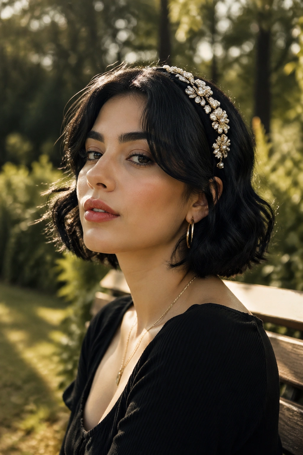 Woman with black bob wearing a headband accessory in golden hour outdoor setting.