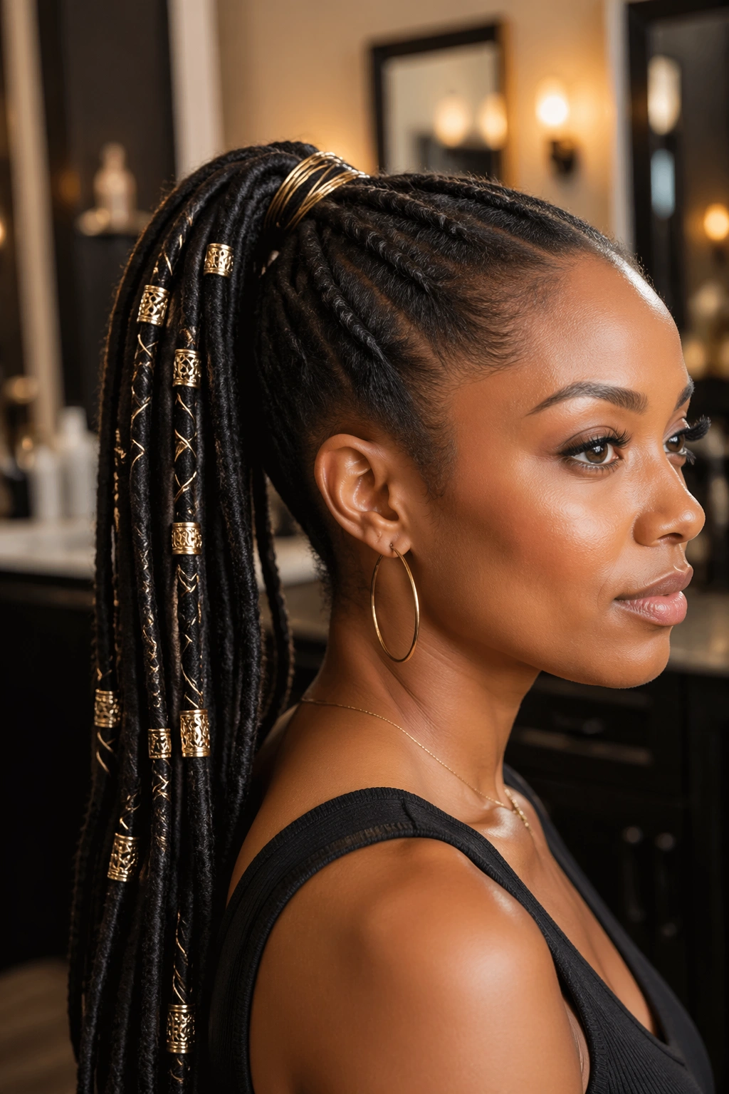 Close-up of a real woman wearing an accessory-heavy cuff ponytail with multiple cuffs along the length.
