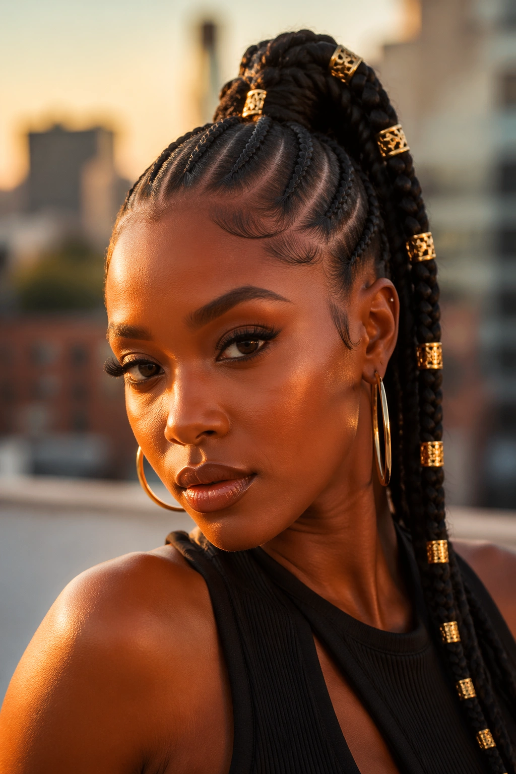 Close-up of real Black woman with accessory-heavy cornrow ponytail with gold cuffs