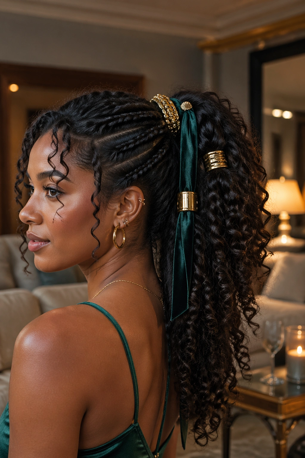 Real woman with accessory-heavy faux ponytail and hair decorations
