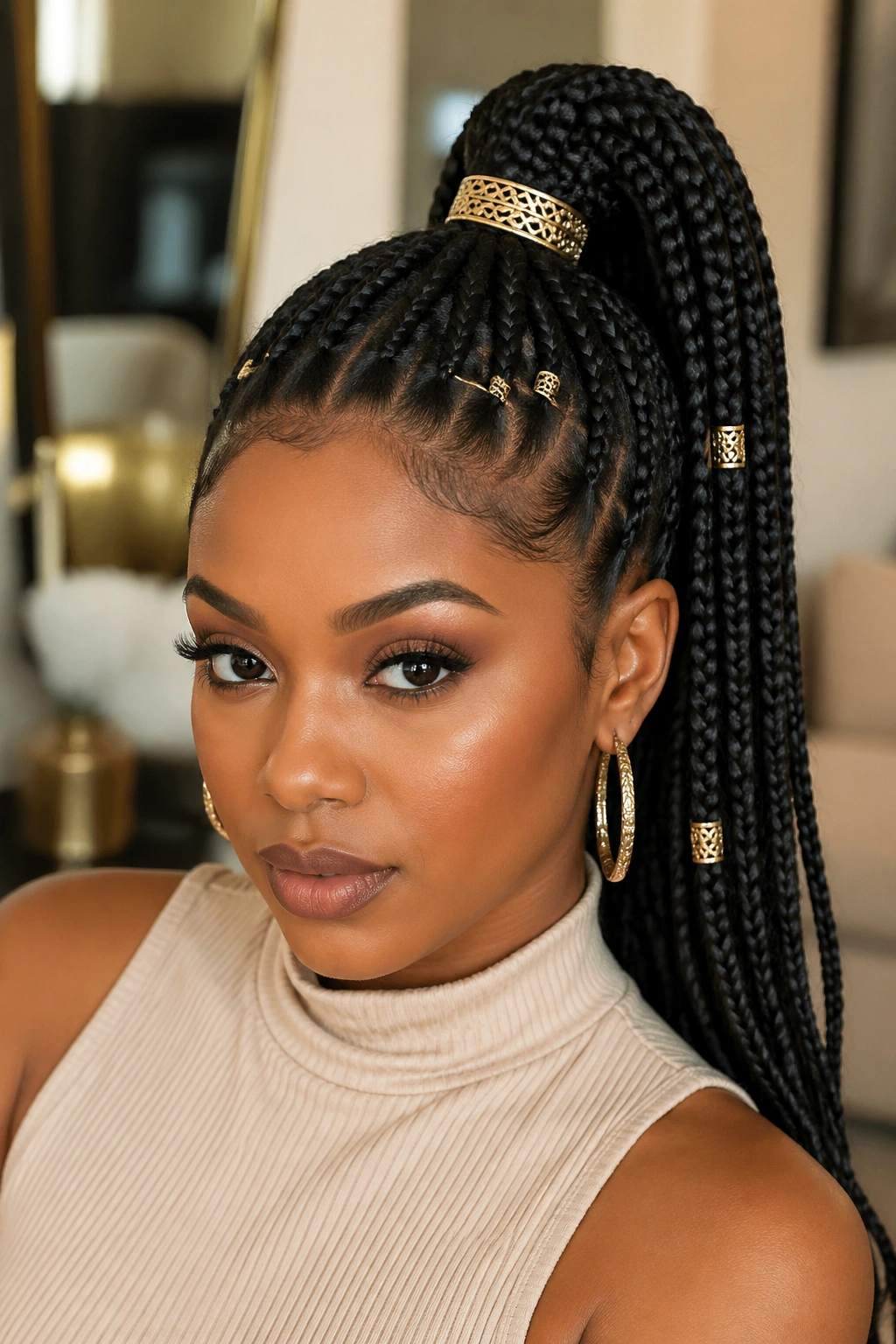 Close-up of a real person wearing a ponytail with multiple hair cuffs and clips
