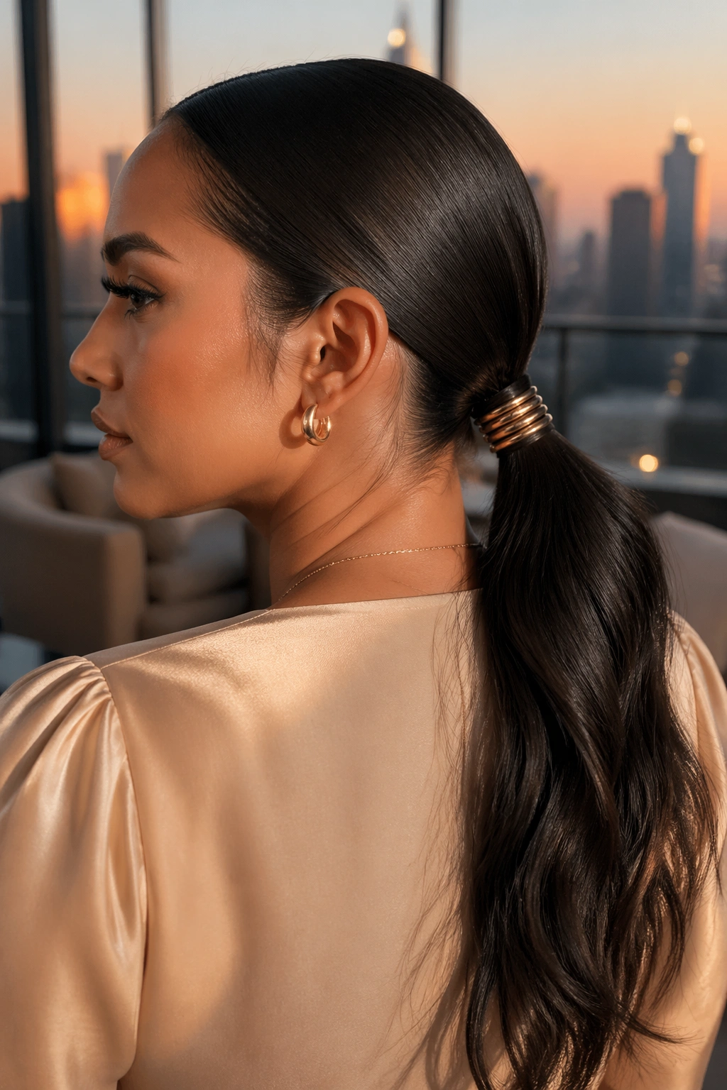 Close-up of a real woman's Accessory-Stack Low Ponytail with stacked cuffs