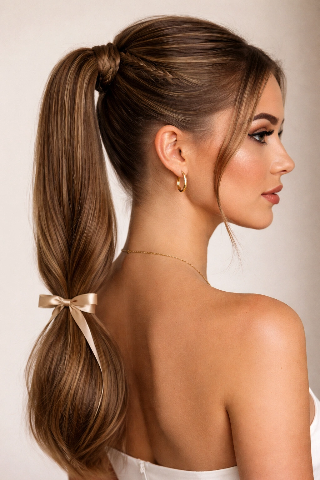Accessory-threaded double weave ponytail with single ribbon accent at tie