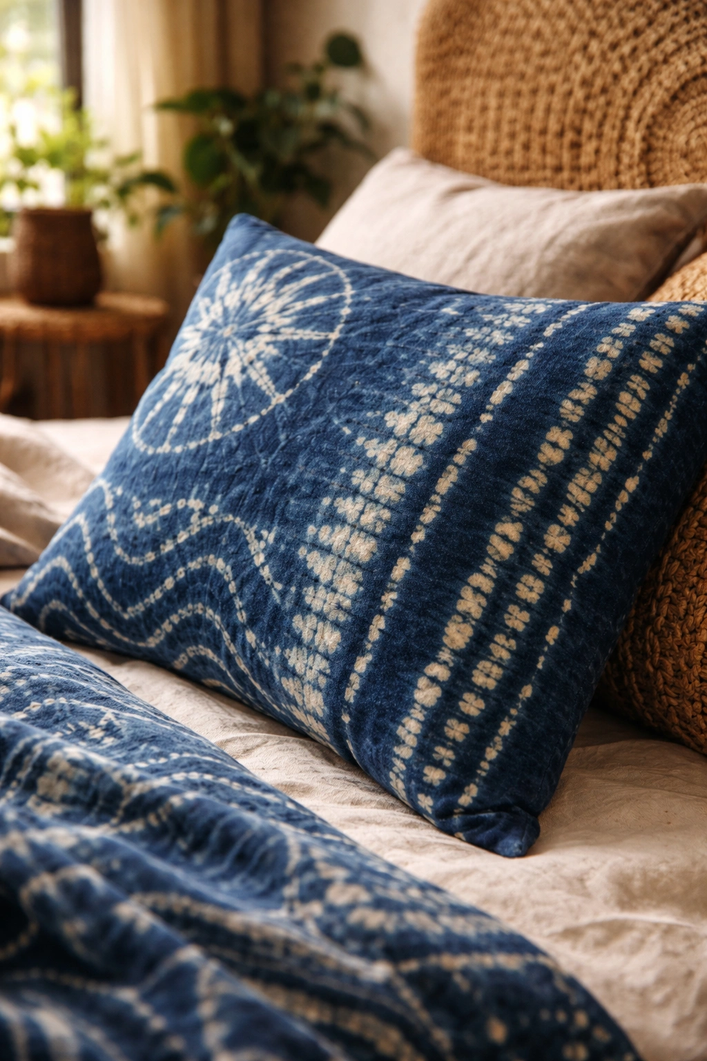 Indigo adire fabric pillow cover with resist-dyed pattern on a bed