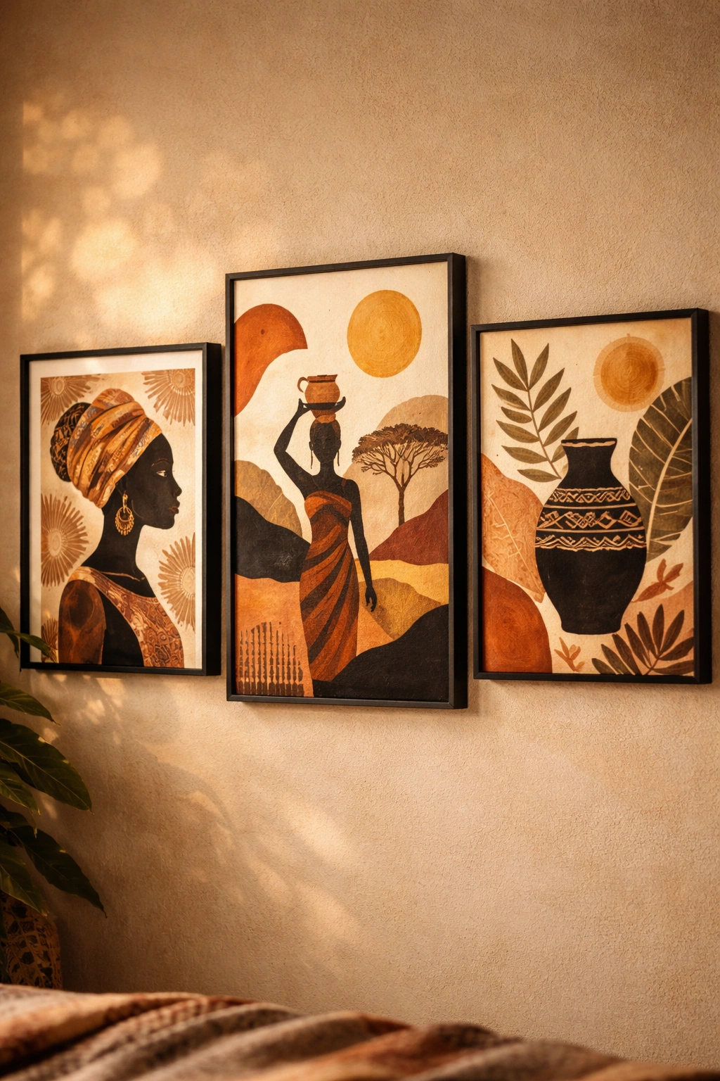 Tightly clustered trio of frames with African-inspired art on a warm wall