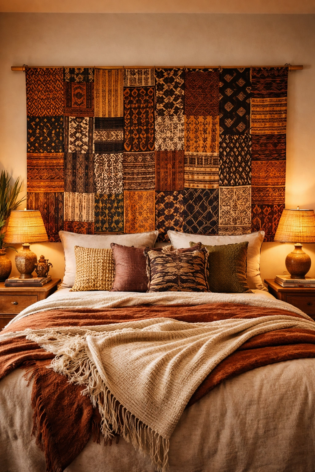 African fabric headboard stretched on wall behind bed