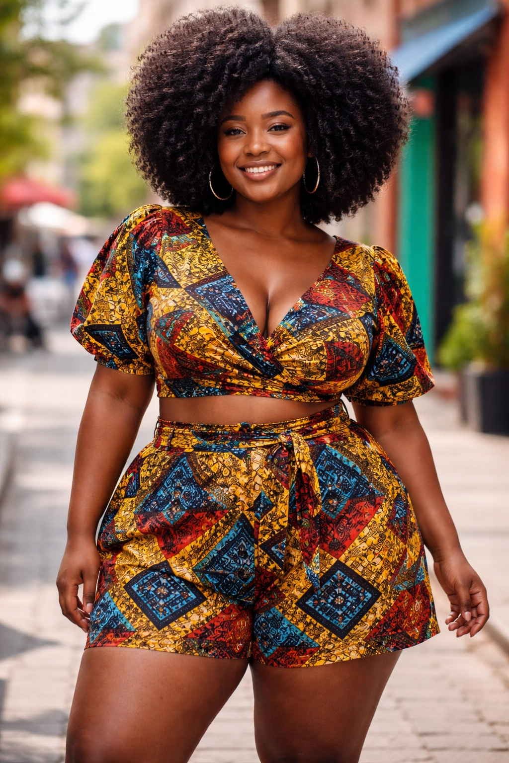 Plus-size model in African print co-ord with natural afro outdoors