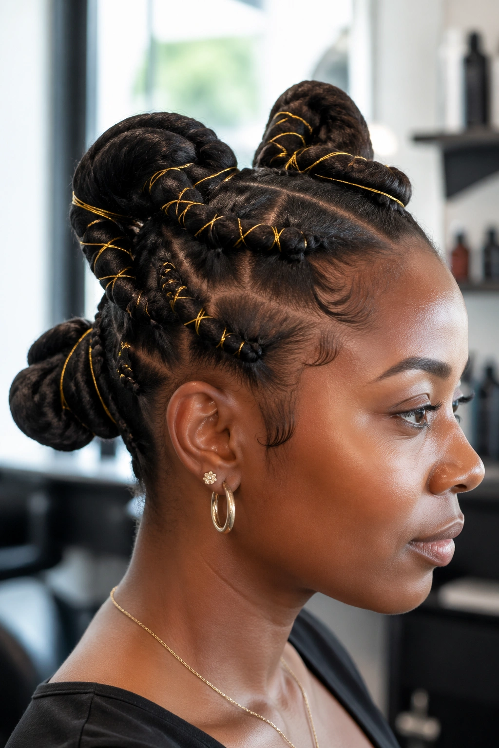 Close-up of a real Black woman with African threading updo