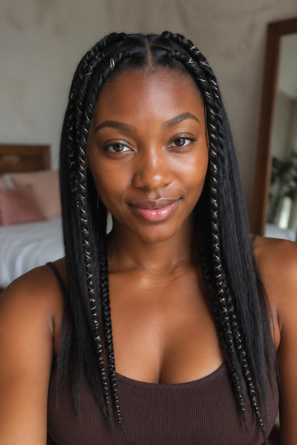 Close-up of a real woman with thread-wrapped stretched hair