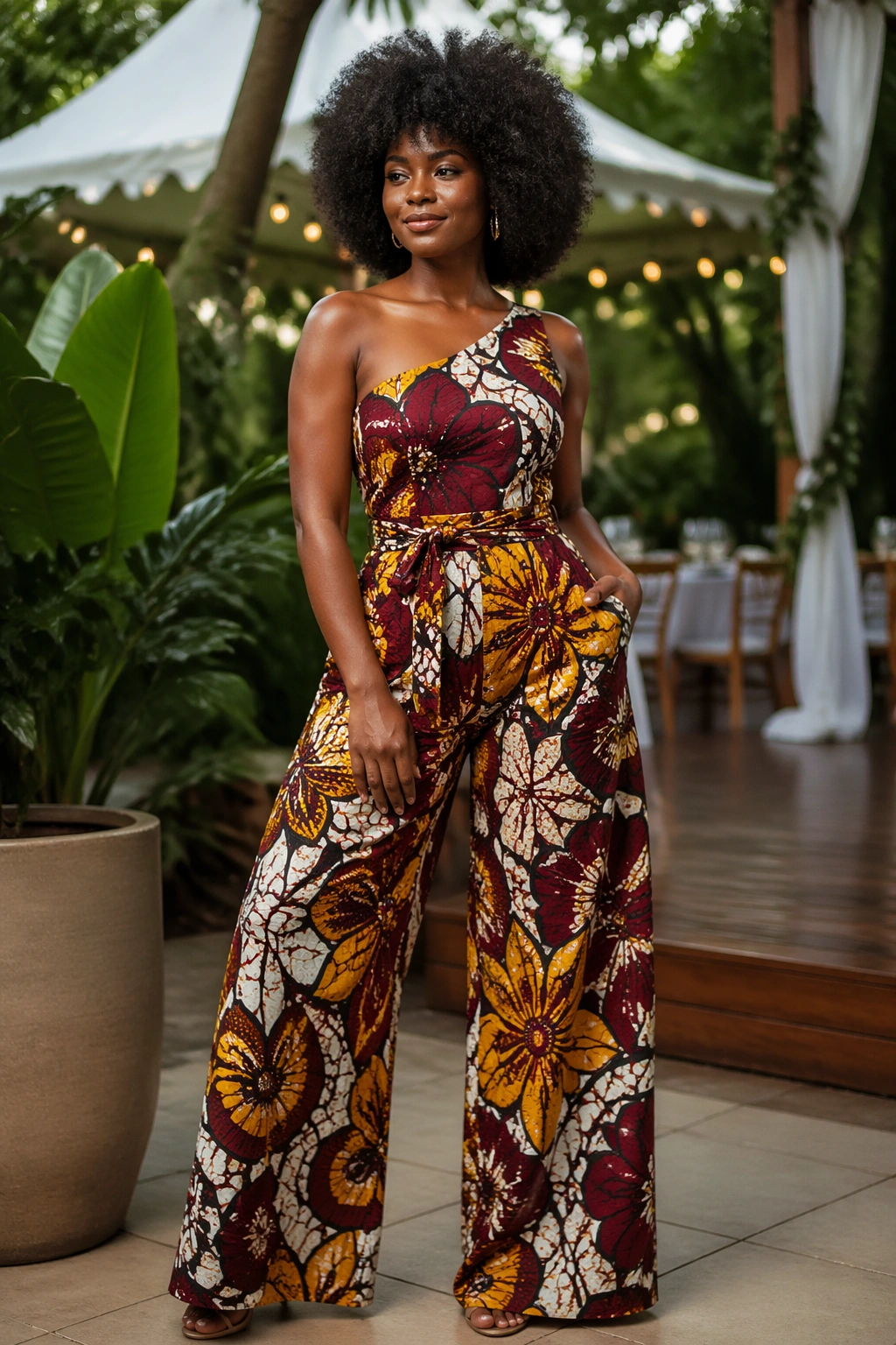 Portrait of a woman in an African wax print jumpsuit outdoors