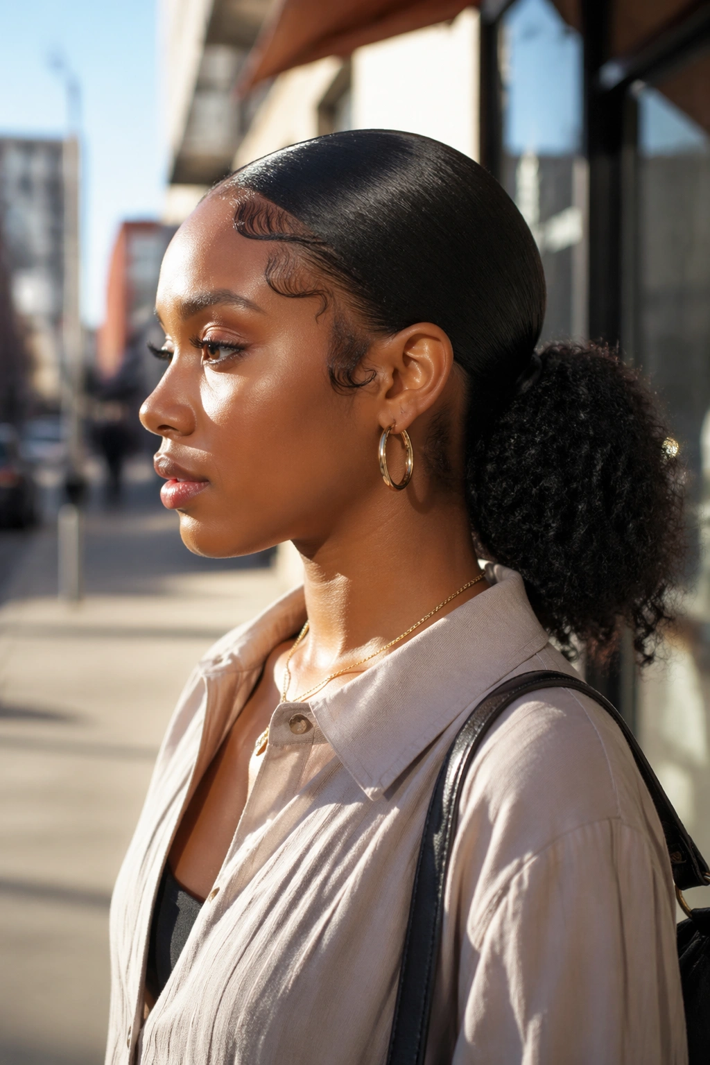 Defined baby-hair low ponytail in an urban setting.