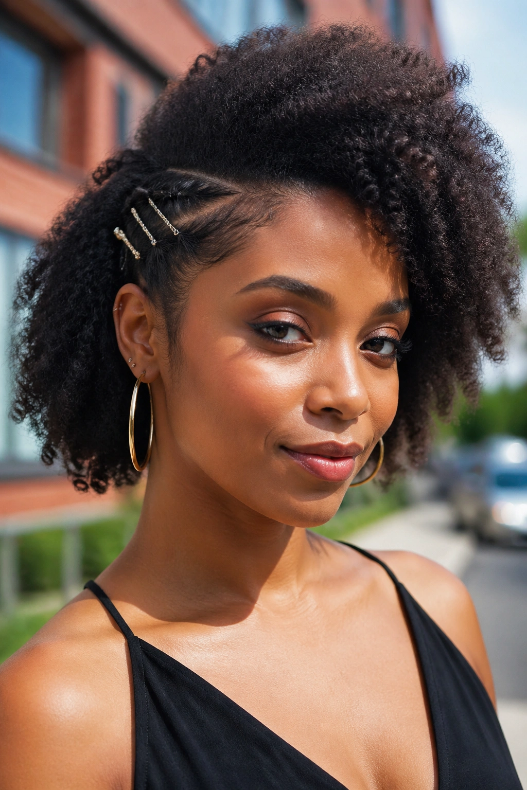 Close-up of a real woman with a side-swept afro and barrettes