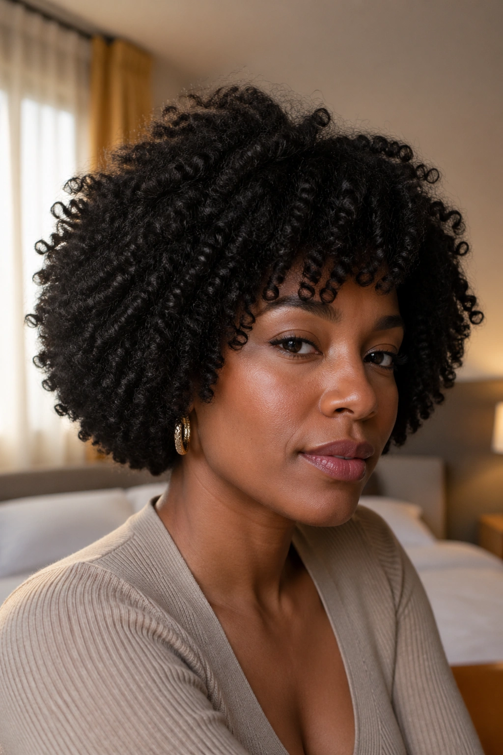 Close-up of a real woman with a chin-length natural Afro Bob in warm window light