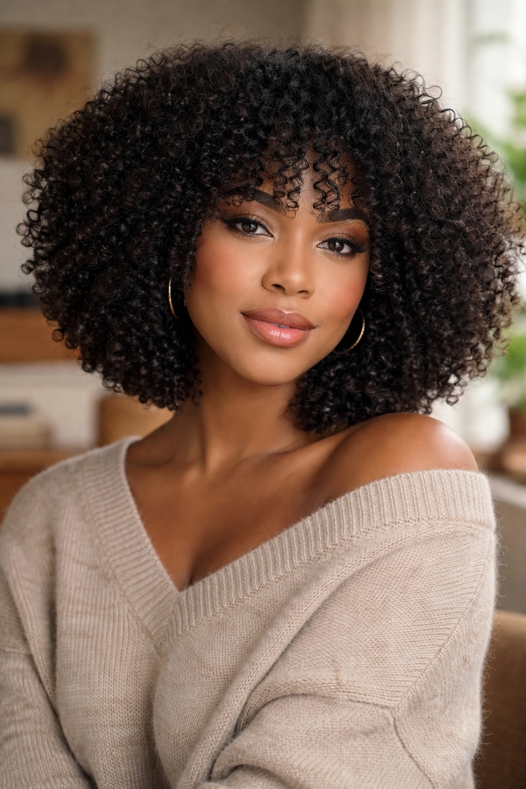Close-up of a real woman with Afro Bob face-framing layers