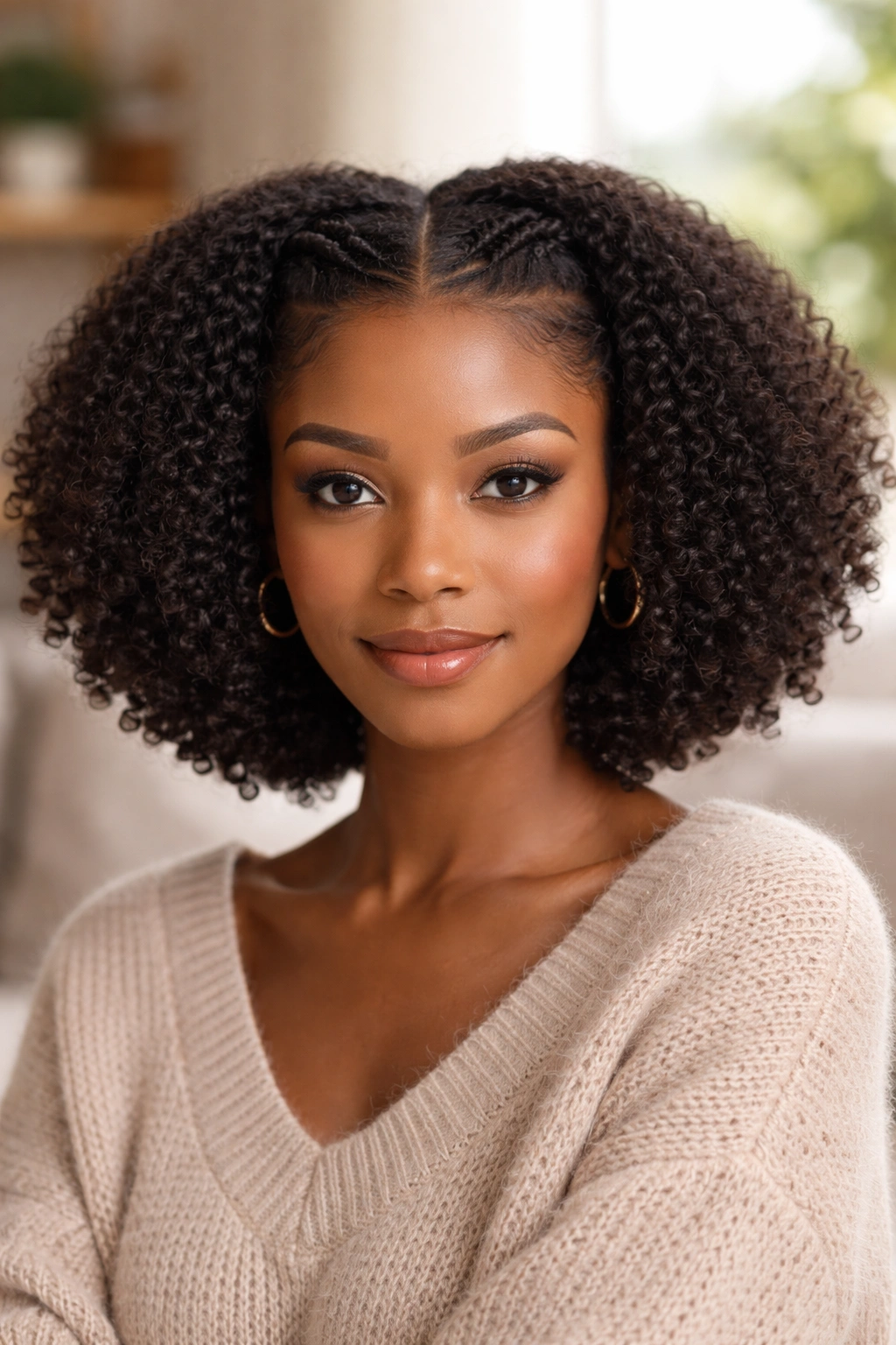 Close-up of a real woman with an Afro Bob featuring a defined part and flat twists at the crown