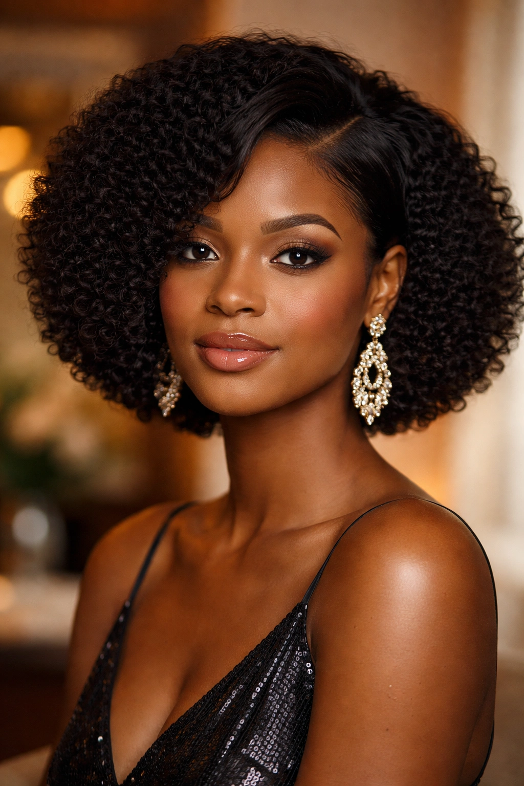 Real person with an afro bob styled for a formal occasion with sculpted side part and large earrings