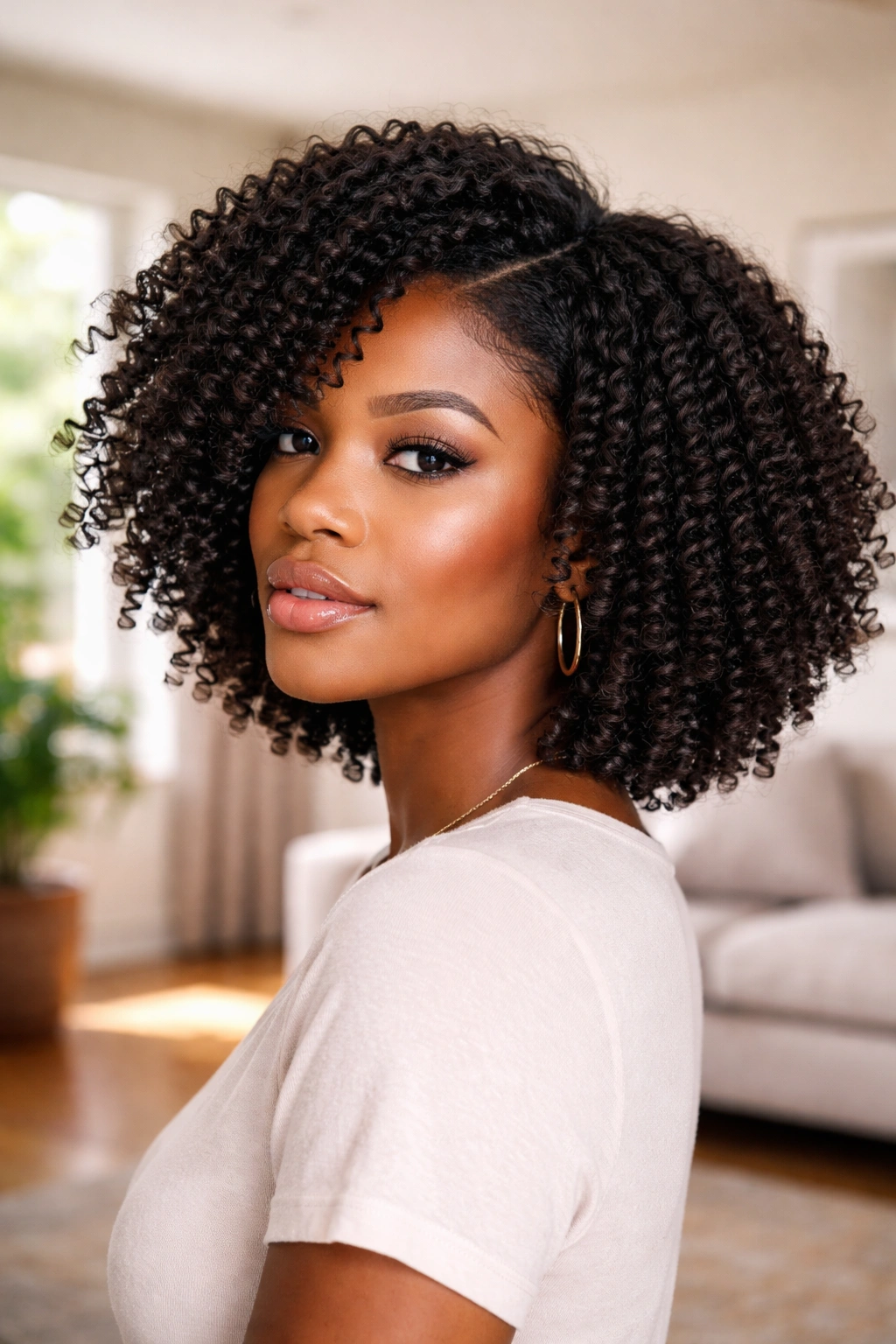 Real person with twist-out afro bob showing elongated coils