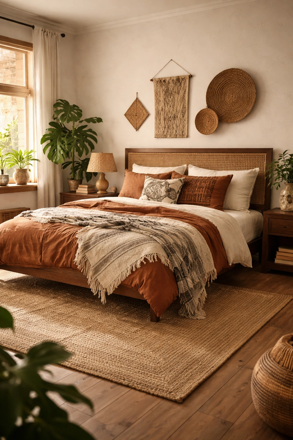 Close view of a cohesive Afro boho bedroom with layered textiles, rug, bedding, and warm natural light