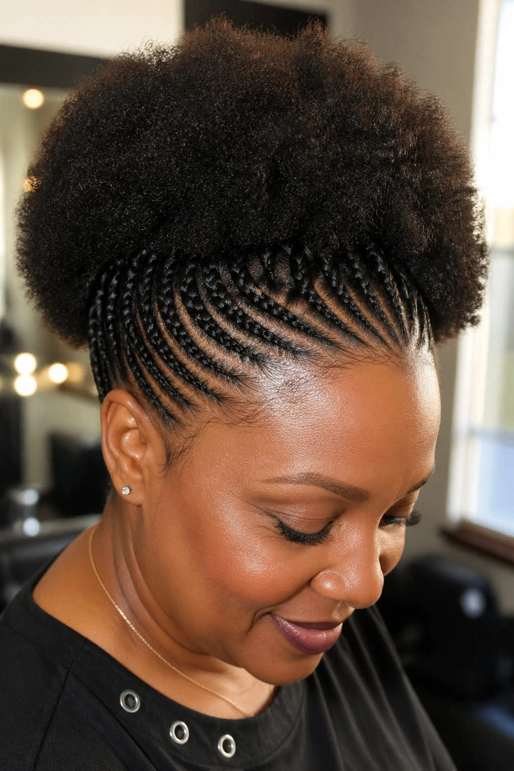 Close-up of a real person with Afro-Inspired braided border hairstyle