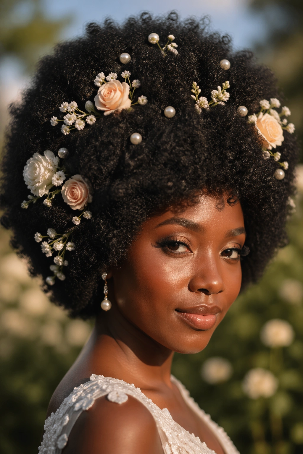 Afro bridal hair with flower and pearl accessories.