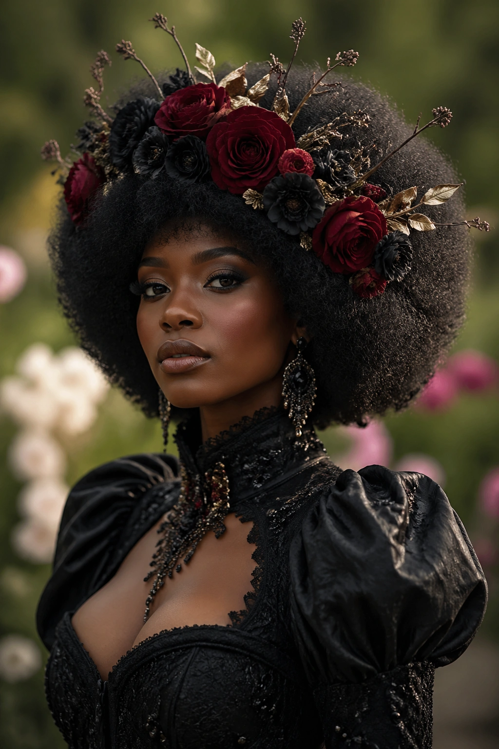 Bride with a full afro and dramatic floral crown wearing a formal gown.