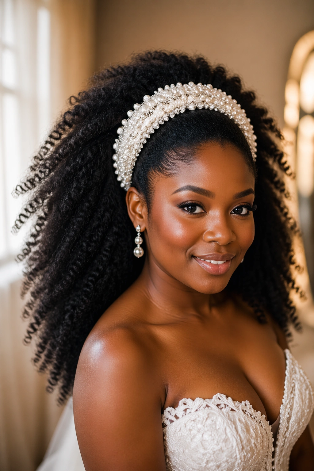 Close-up of a real bride with an afro and a bridal headband, hair cascading behind.