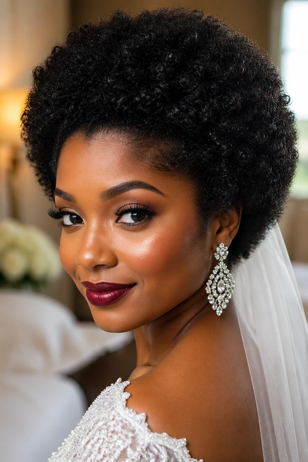 Bride with a rounded natural Afro hairstyle