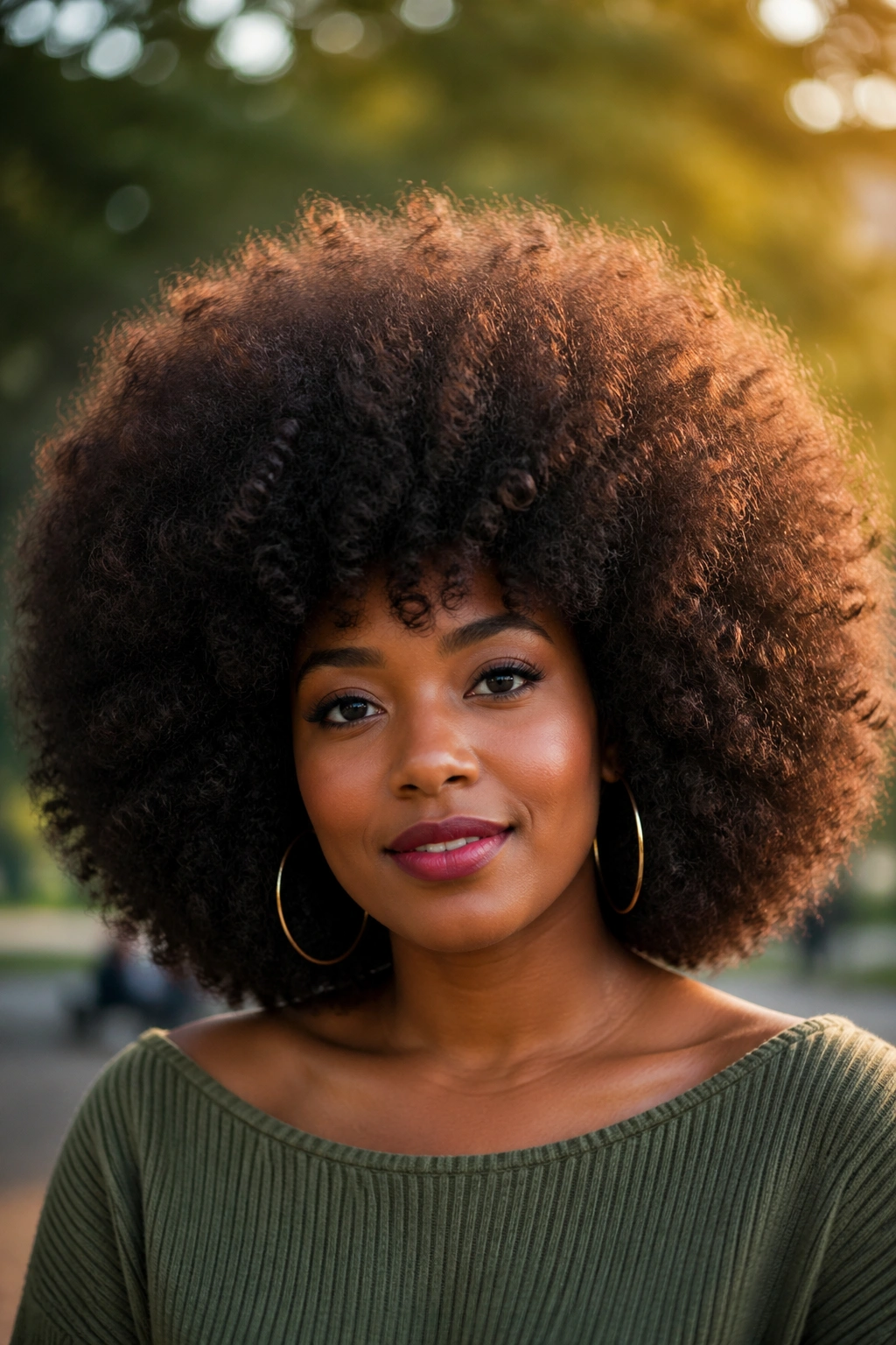 Close-up of a real woman with a full-volume brushed-out Afro outdoors