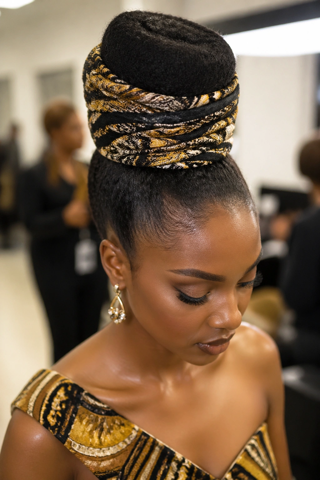 Close-up of sculpted Afro bun with fabric wrap around the bun.