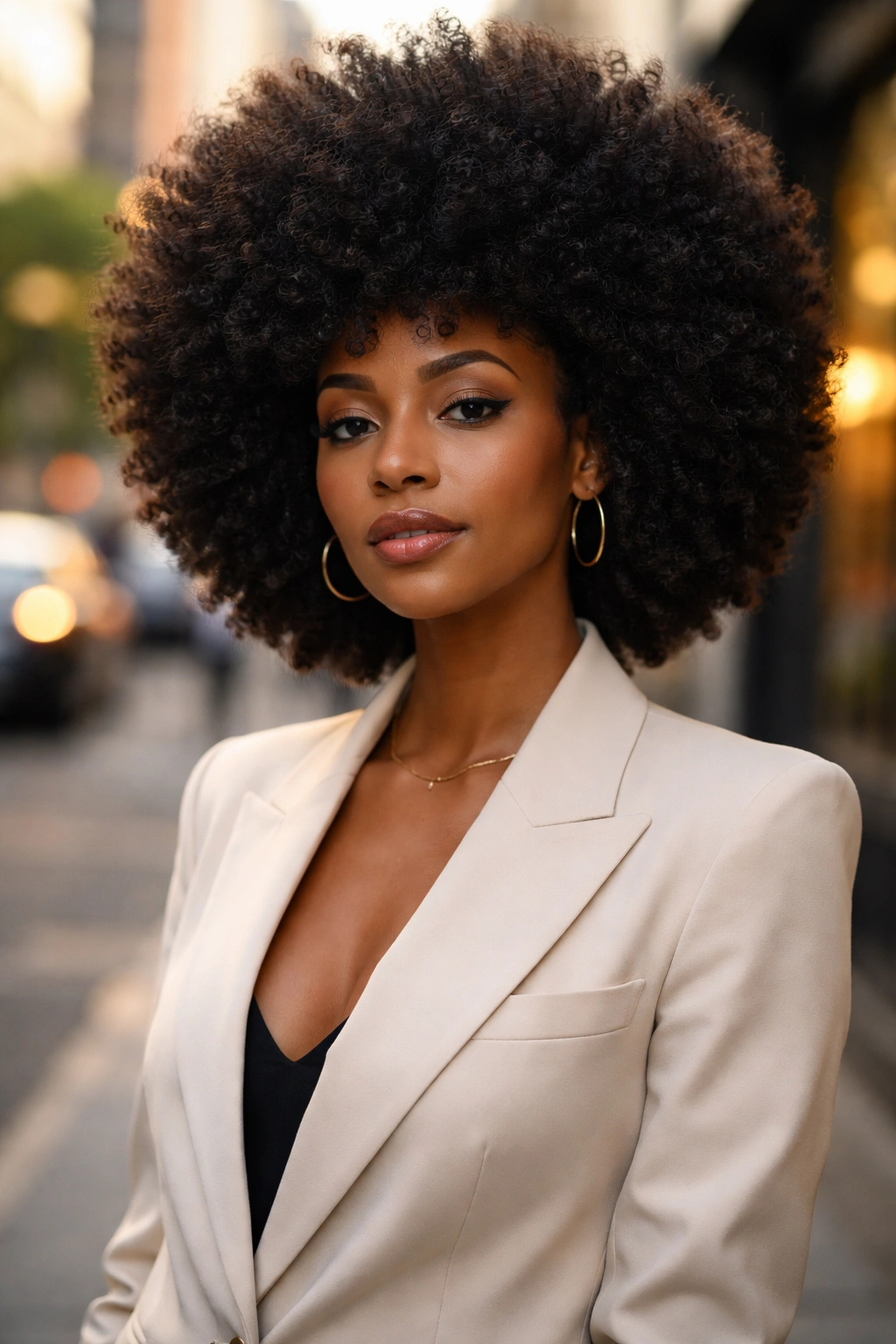 Close-up portrait of a woman with a bold Afro against an urban street backdrop