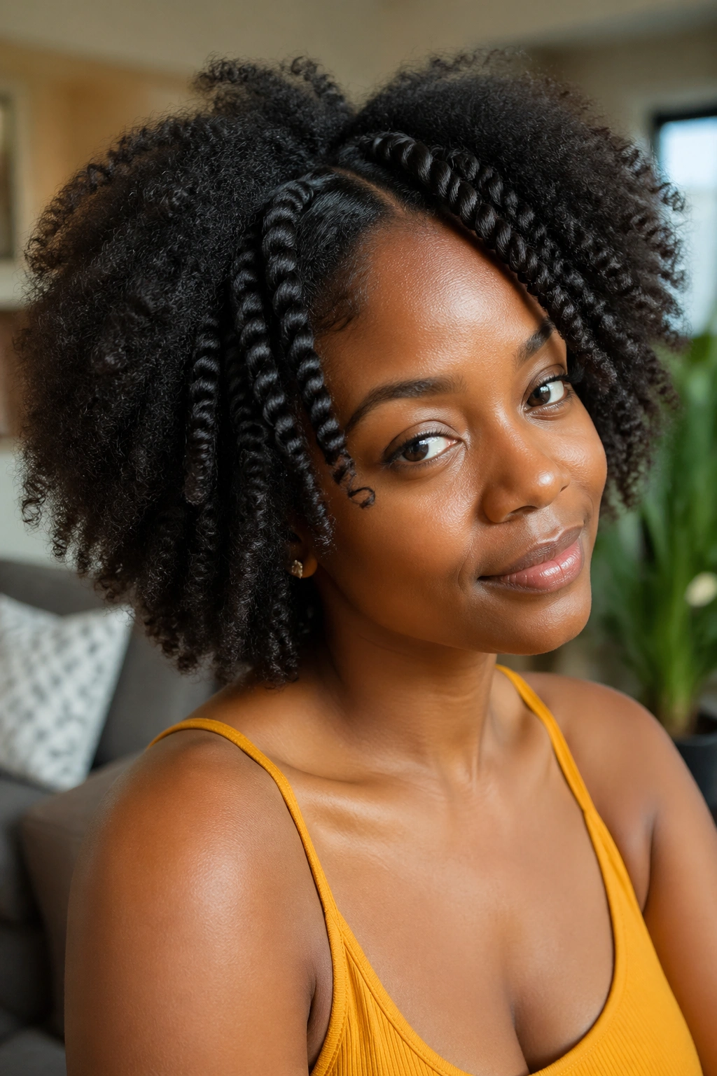 Close-up of a real woman with chunky twists mixed into an afro