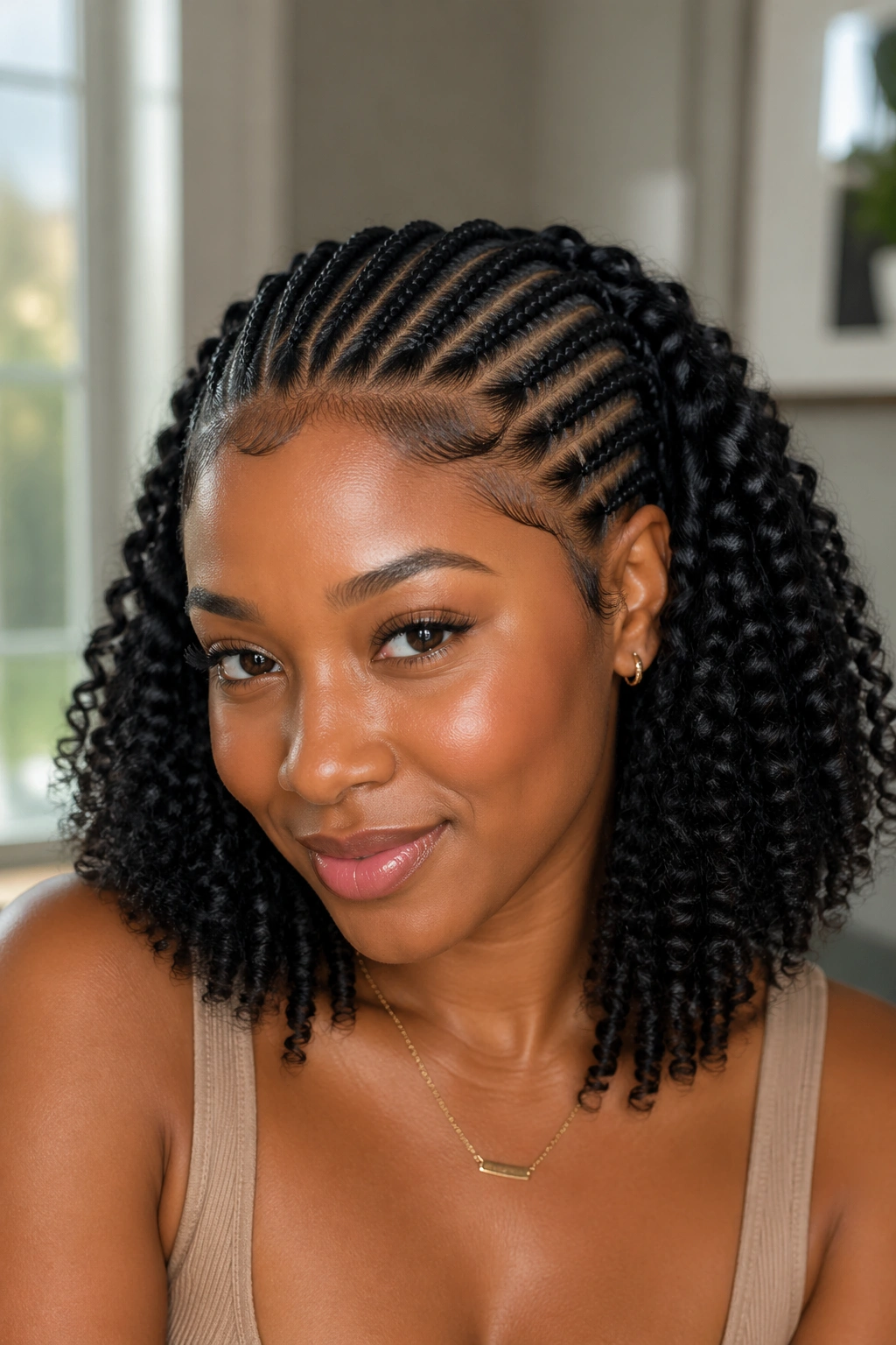 Close-up of real woman's feed-in cornrows ending in springy afro curls