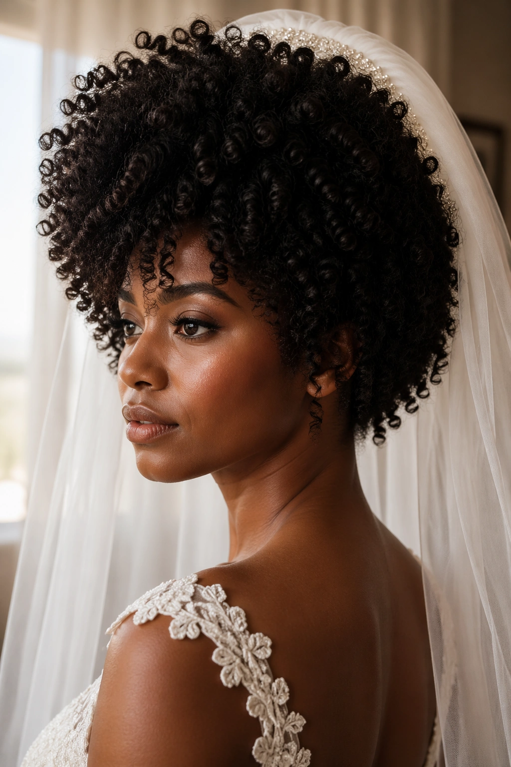 Close-up of a real bride with natural afro curls and halo veil