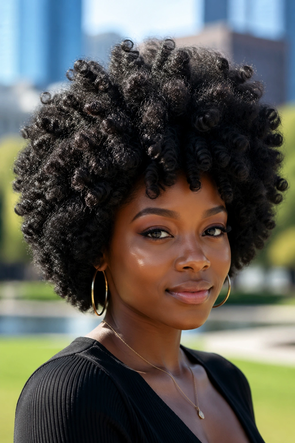 Close-up of Afro with defined curl clusters on a real woman in daylight