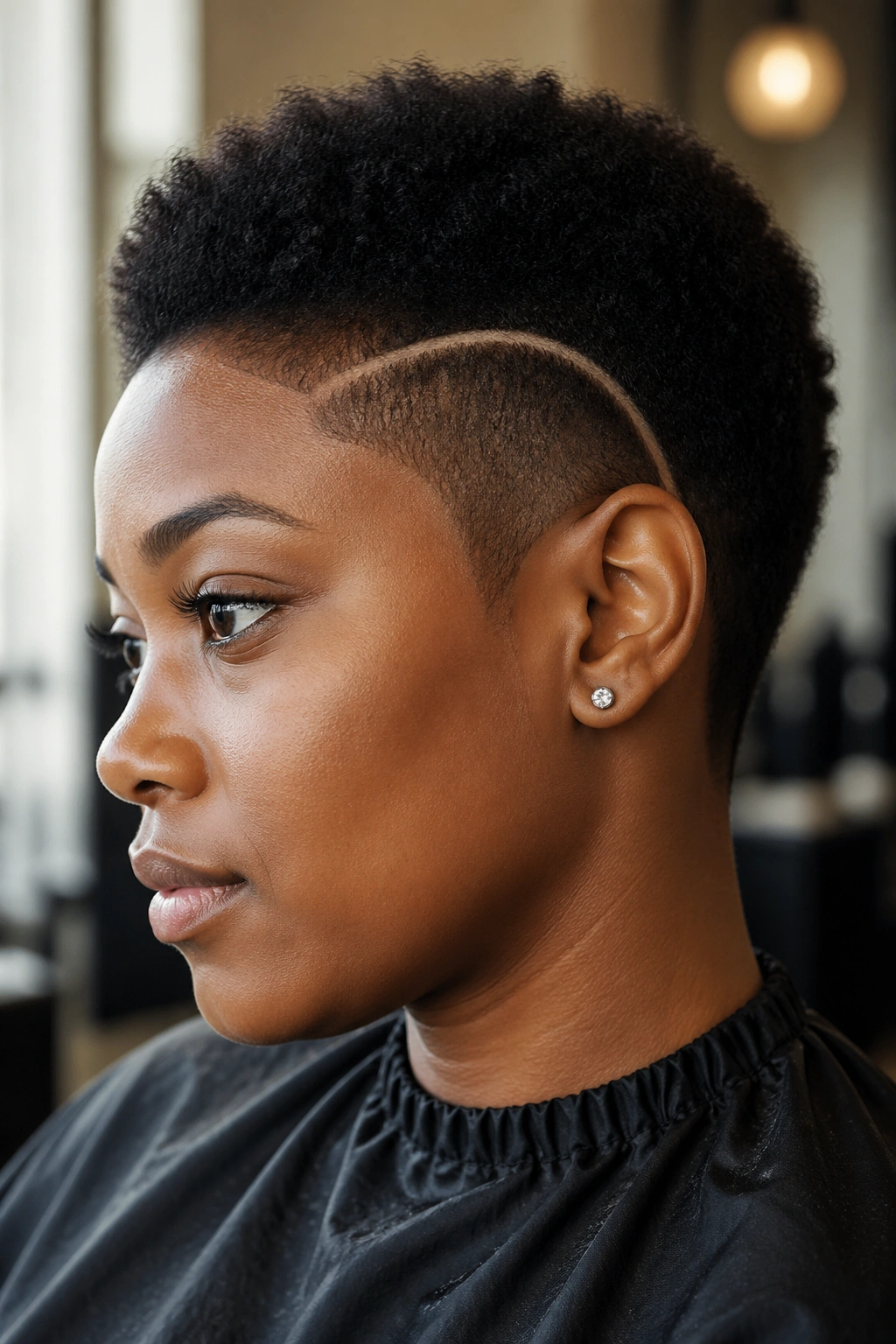 Close-up portrait of a woman with an Afro featuring a curved temple design, warm lighting.